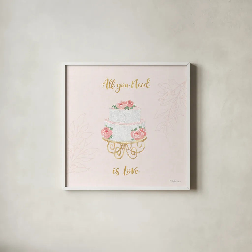 All You Need is Love IX Pink by Beth Grove. Shown in a crisp white glass frame for a clean and minimalist style. Available as an archival giclee rolled canvas, fine art paper, or poster print. SKU 55416a.