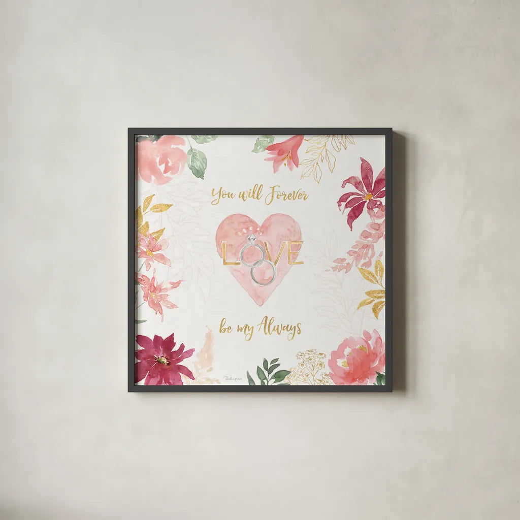 All You Need is Love VII by Beth Grove. Shown in a sleek black glass frame for a contemporary gallery look. Available as an archival giclee rolled canvas, fine art paper, or poster print. SKU 55410a.