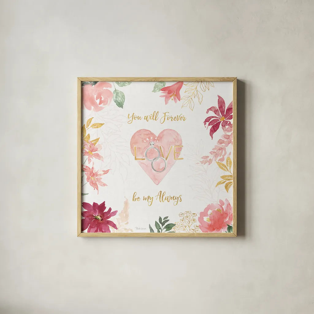 All You Need is Love VII by Beth Grove. Shown in a natural wood glass frame for a timeless modern aesthetic. Available as an archival giclee rolled canvas, fine art paper, or poster print. SKU 55410a.