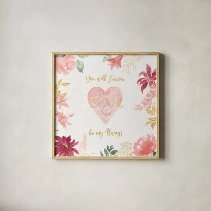 All You Need is Love VII by Beth Grove. Shown in a natural wood glass frame for a timeless modern aesthetic. Available as an archival giclee rolled canvas, fine art paper, or poster print. SKU 55410a.
