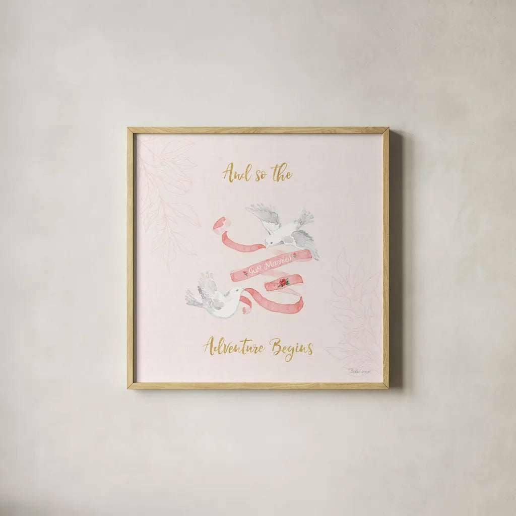 All You Need is Love X Pink by Beth Grove. Shown in a natural wood glass frame for a timeless modern aesthetic. Available as an archival giclee rolled canvas, fine art paper, or poster print. SKU 55417a.