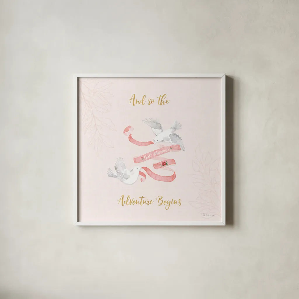 All You Need is Love X Pink by Beth Grove. Shown in a crisp white glass frame for a clean and minimalist style. Available as an archival giclee rolled canvas, fine art paper, or poster print. SKU 55417a.