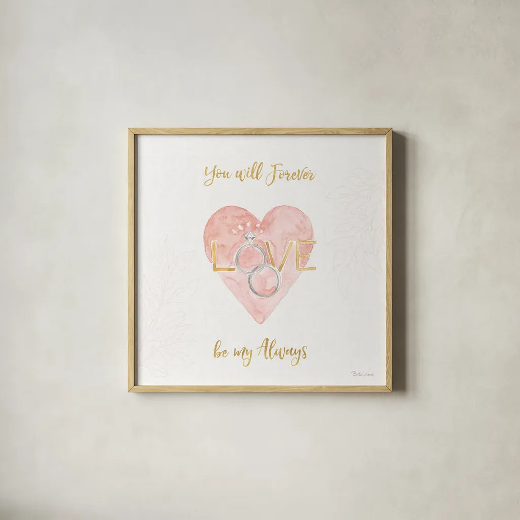 All You Need is Love XI by Beth Grove. Shown in a natural wood glass frame for a timeless modern aesthetic. Available as an archival giclee rolled canvas, fine art paper, or poster print. SKU 55414a.