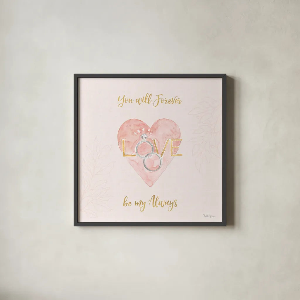 All You Need is Love XI Pink by Beth Grove. Shown in a sleek black glass frame for a contemporary gallery look. Available as an archival giclee rolled canvas, fine art paper, or poster print. SKU 55418a.