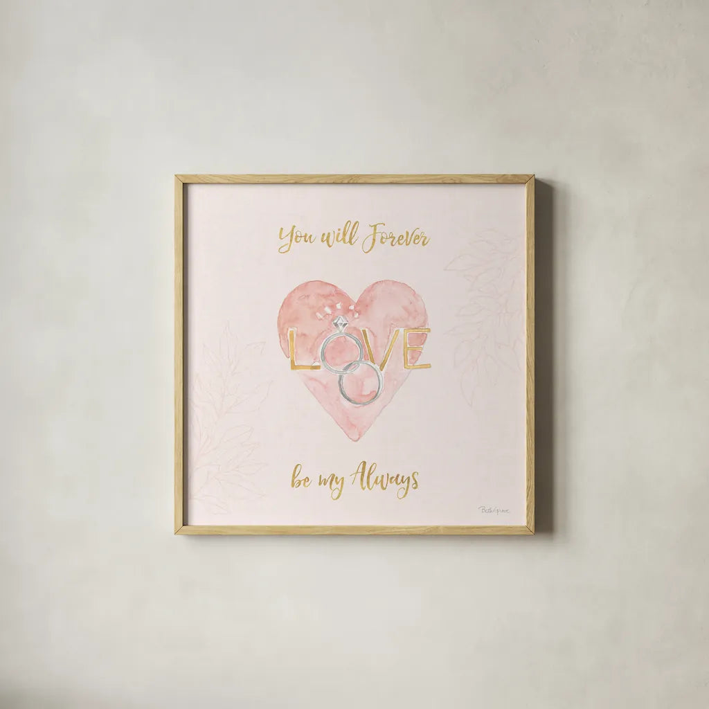 All You Need is Love XI Pink by Beth Grove. Shown in a natural wood glass frame for a timeless modern aesthetic. Available as an archival giclee rolled canvas, fine art paper, or poster print. SKU 55418a.