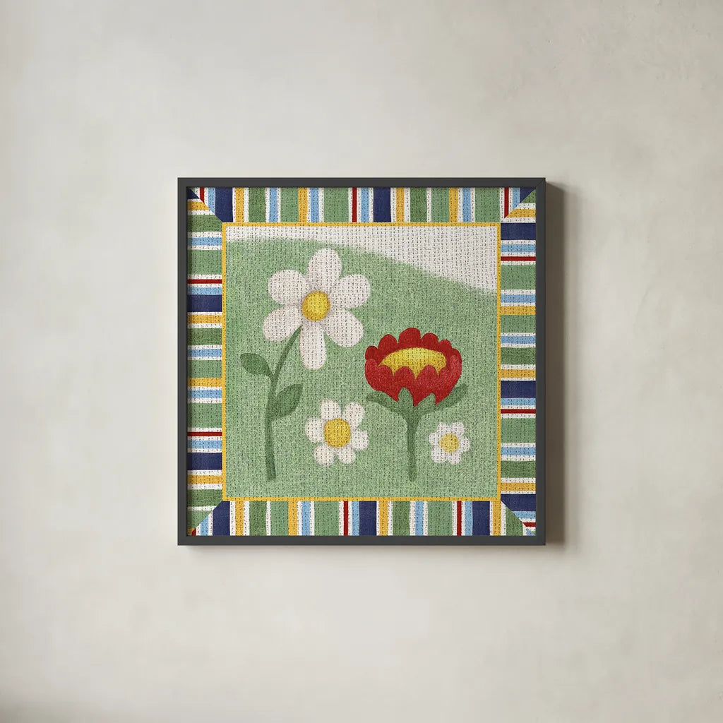 Americana Garden I with border by Beth Grove. Shown in a sleek black glass frame for a contemporary gallery look. Available as an archival giclee rolled canvas, fine art paper, or poster print. SKU 27287a.