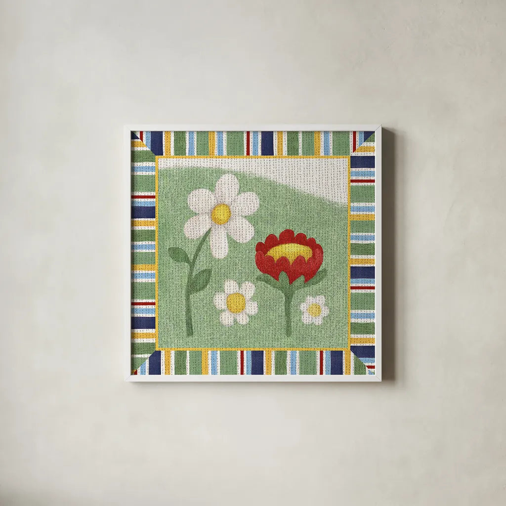 Americana Garden I with border by Beth Grove. Shown in a crisp white glass frame for a clean and minimalist style. Available as an archival giclee rolled canvas, fine art paper, or poster print. SKU 27287a.