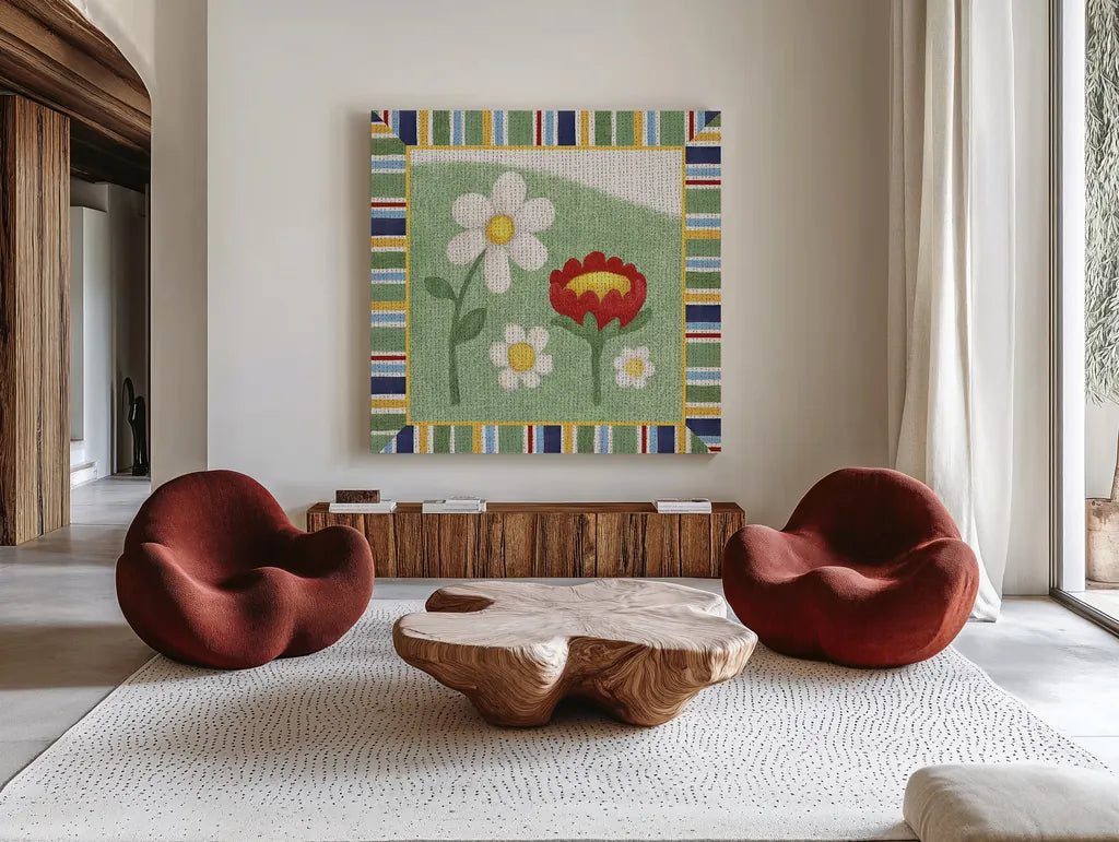 Americana Garden I with border by Beth Grove. Shown as extra-large giant wall art in a modern living room. Available as an archival giclee rolled canvas, fine art paper, or poster print. SKU 27287a.