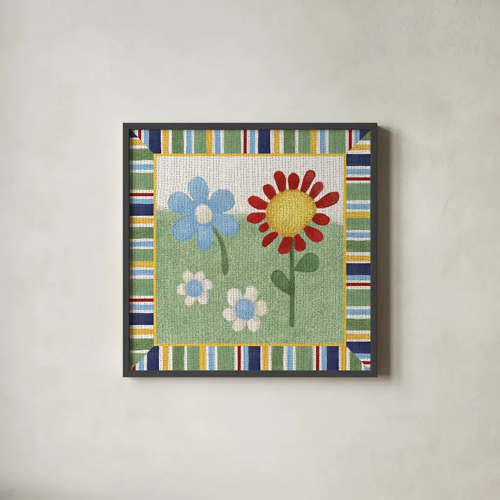 Americana Garden II with border by Beth Grove. Shown in a sleek black glass frame for a contemporary gallery look. Available as an archival giclee rolled canvas, fine art paper, or poster print. SKU 27289a.