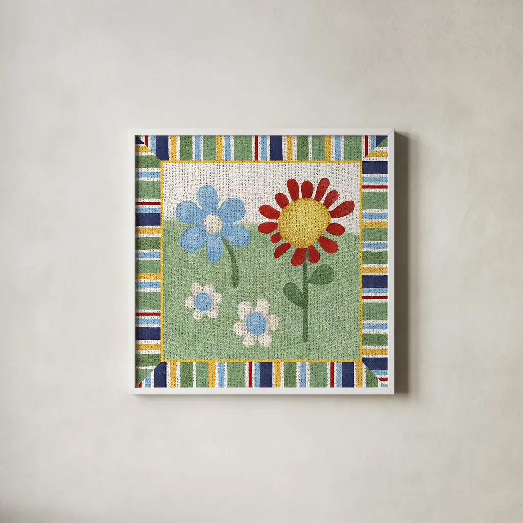 Americana Garden II with border by Beth Grove. Shown in a crisp white glass frame for a clean and minimalist style. Available as an archival giclee rolled canvas, fine art paper, or poster print. SKU 27289a.