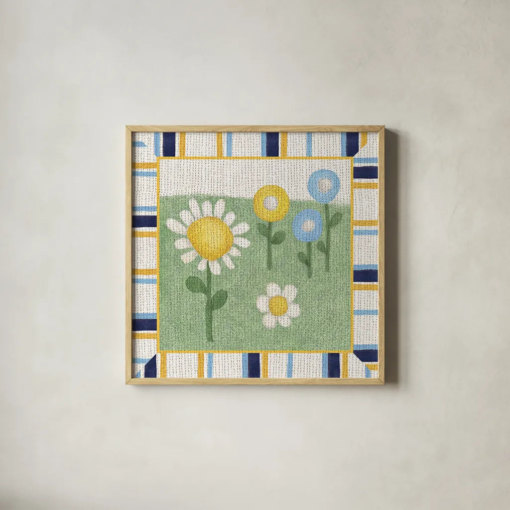 Americana Garden III with border by Beth Grove. Shown in a natural wood glass frame for a timeless modern aesthetic. Available as an archival giclee rolled canvas, fine art paper, or poster print. SKU 27291a.