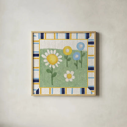 Americana Garden III with border by Beth Grove. Shown in a natural wood glass frame for a timeless modern aesthetic. Available as an archival giclee rolled canvas, fine art paper, or poster print. SKU 27291a.