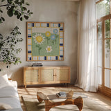 Americana Garden III with border by Beth Grove. Shown in a natural wood frame in a cozy modern living room. Available as an archival giclee rolled canvas, fine art paper, or poster print. SKU 27291a.
