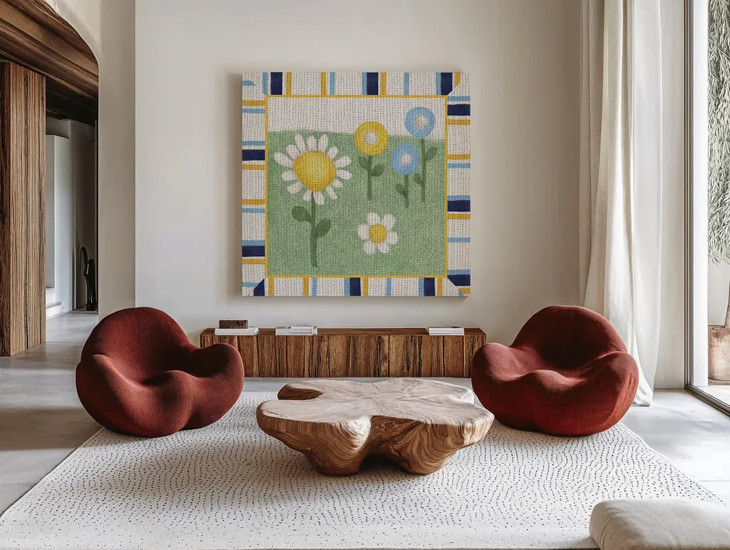 Americana Garden III with border by Beth Grove. Shown as extra-large giant wall art in a modern living room. Available as an archival giclee rolled canvas, fine art paper, or poster print. SKU 27291a.