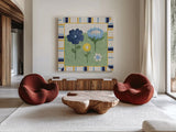 Americana Garden IV with border by Beth Grove. Shown as extra-large giant wall art in a modern living room. Available as an archival giclee rolled canvas, fine art paper, or poster print. SKU 27293a.