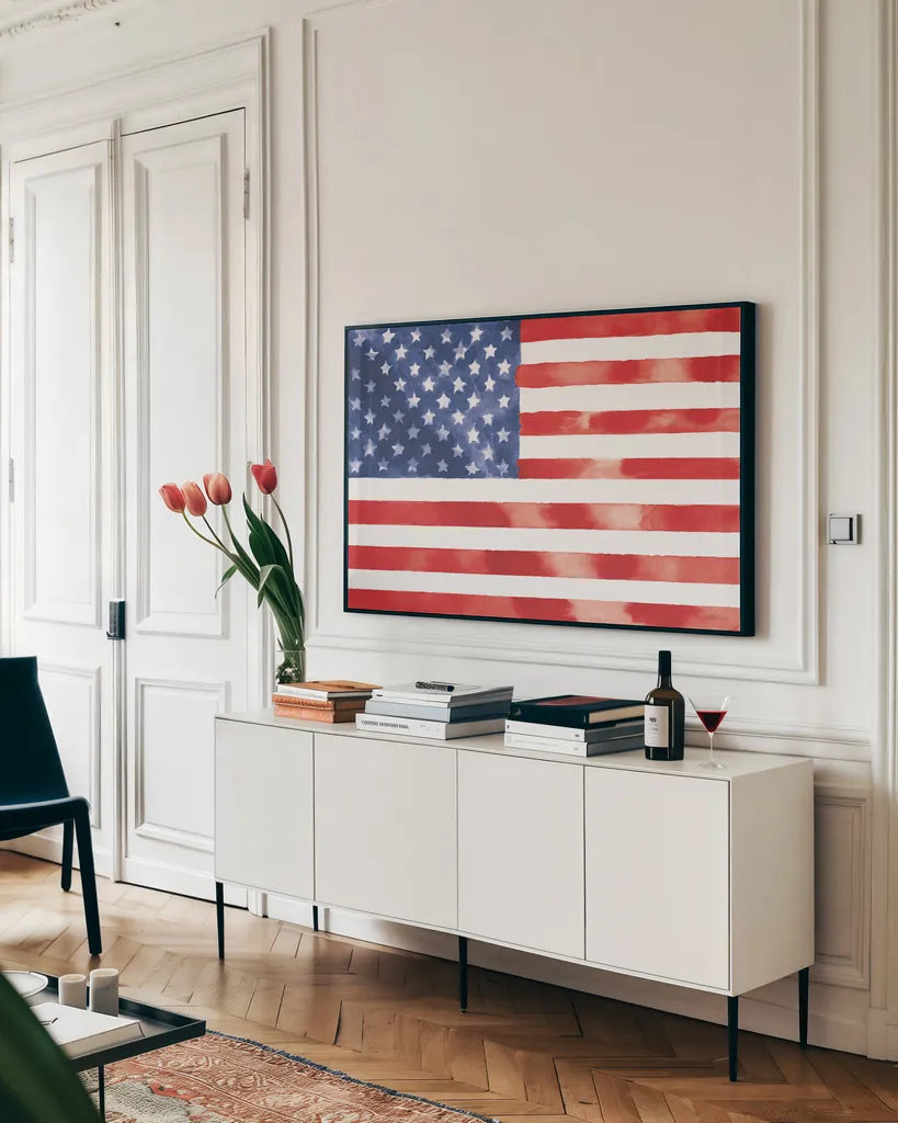Americana Style Flag II by Beth Grove. shown as a framed stretched canvas in a living room above a console. Available as a archival giclee rolled canvas, fine art paper, or poster print. SKU 79934i.