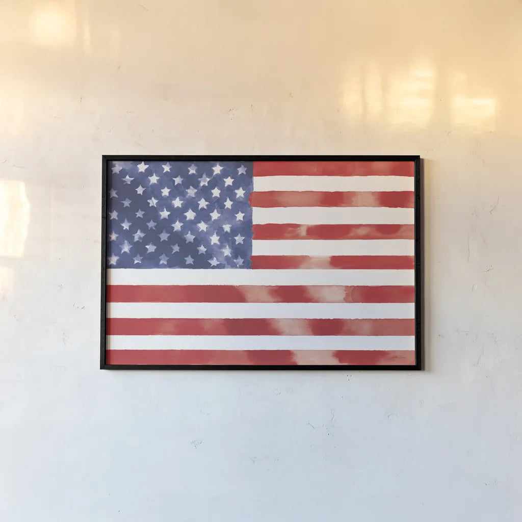 Americana Style Flag II by Beth Grove. shown as a paper print in a black flame. Available as a archival giclee rolled canvas, fine art paper, or poster print. SKU 79934i.