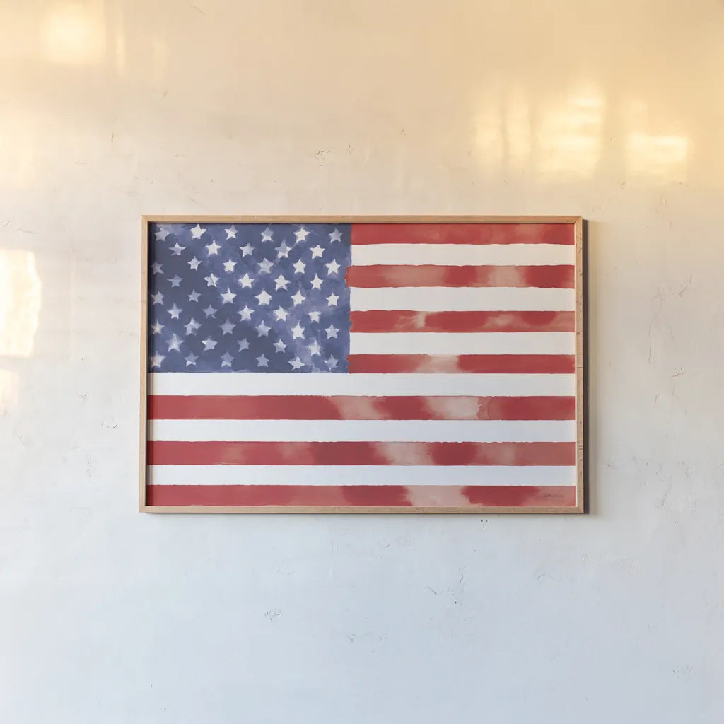 Americana Style Flag II by Beth Grove. shown as a paper print in a natural frame. Available as a archival giclee rolled canvas, fine art paper, or poster print. SKU 79934i.