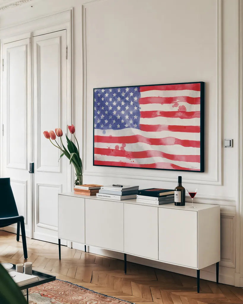 Americana Style I by Beth Grove. shown as a framed stretched canvas in a living room above a console. Available as a archival giclee rolled canvas, fine art paper, or poster print. SKU 69480i.
