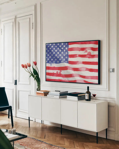 Americana Style I by Beth Grove. shown as a framed stretched canvas in a living room above a console. Available as a archival giclee rolled canvas, fine art paper, or poster print. SKU 69480i.