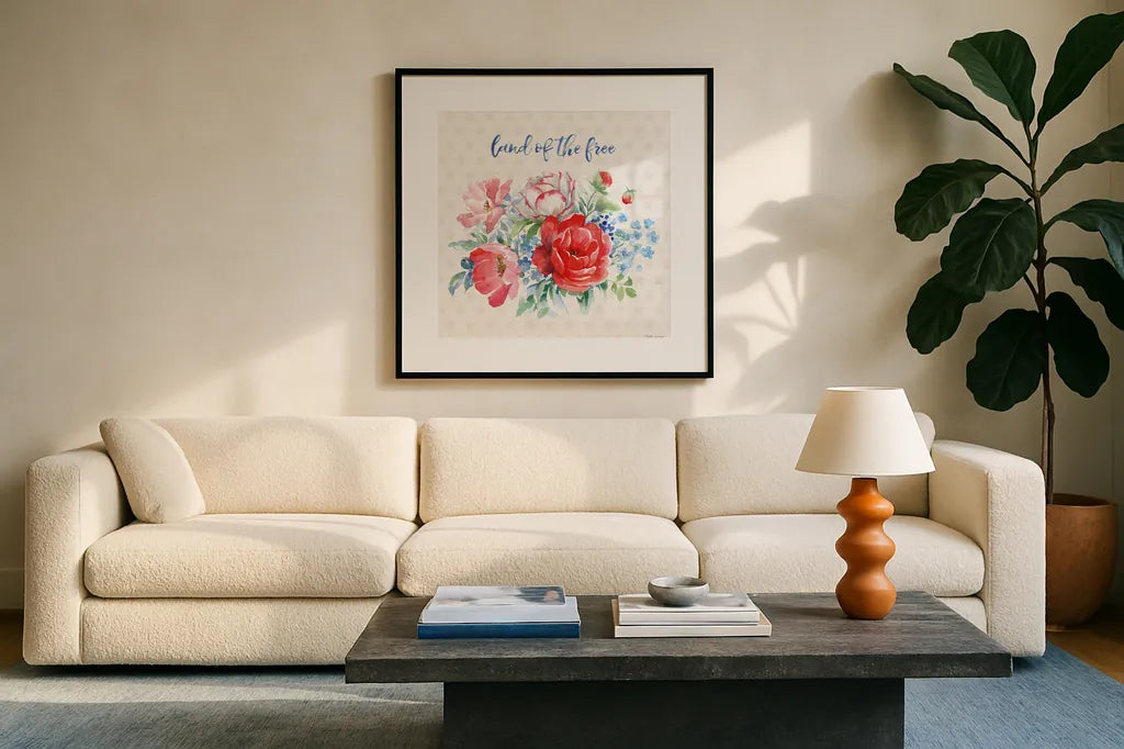 Americana Style II by Beth Grove. Displayed in a glass frame with matte in a clean modern living room. Available as an archival giclee rolled canvas, fine art paper, or poster print. SKU 69481a.