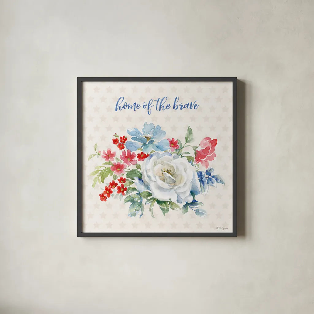 Americana Style III by Beth Grove. Shown in a sleek black glass frame for a contemporary gallery look. Available as an archival giclee rolled canvas, fine art paper, or poster print. SKU 69482a.