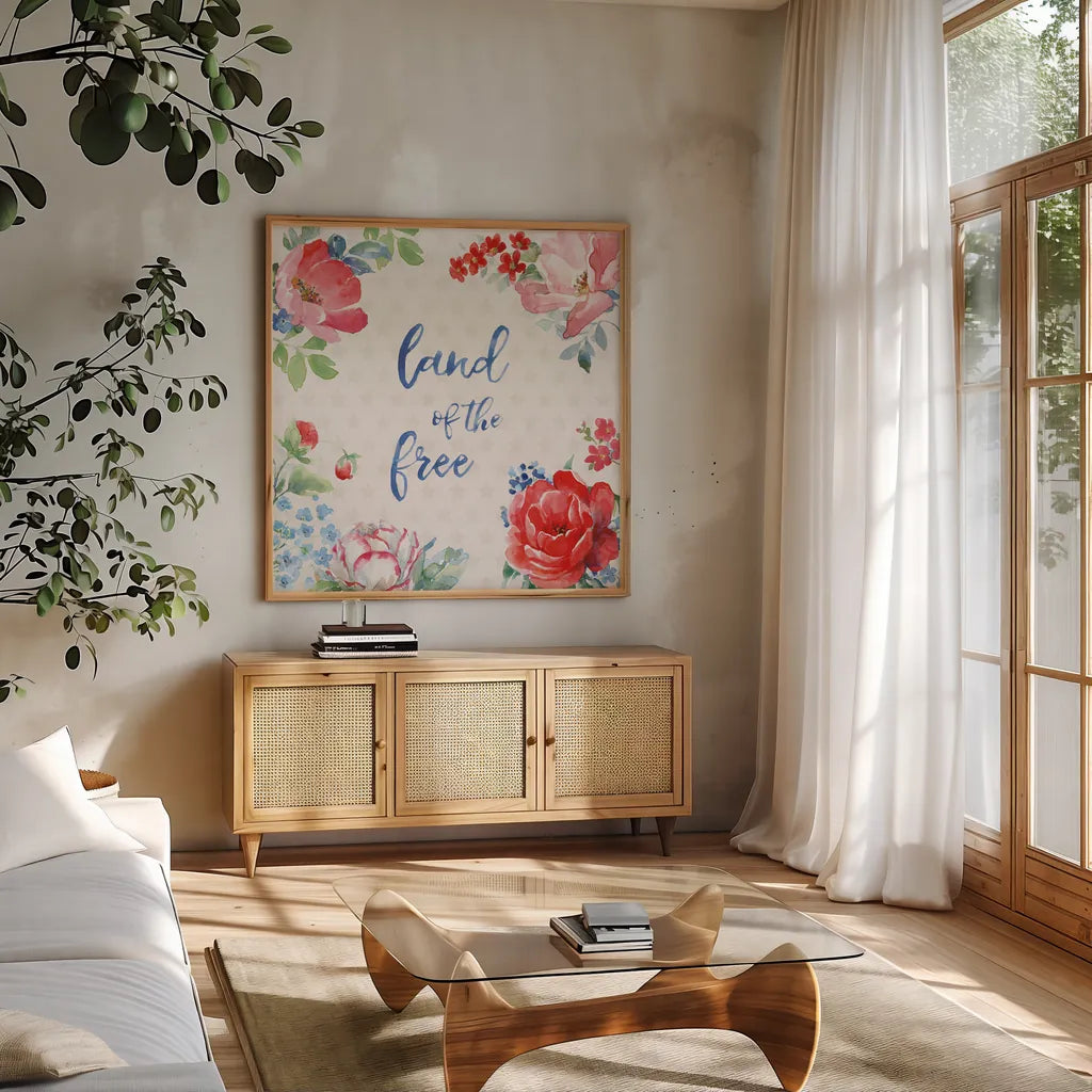 Americana Style IV by Beth Grove. Shown in a natural wood frame in a cozy modern living room. Available as an archival giclee rolled canvas, fine art paper, or poster print. SKU 69483a.