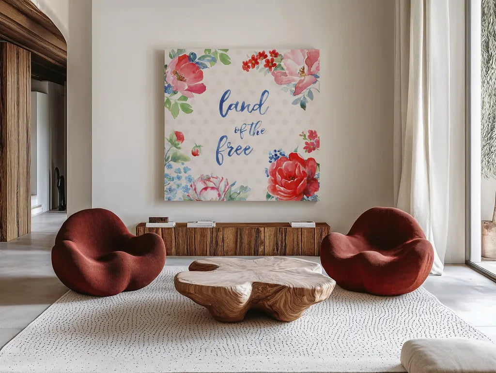 Americana Style IV by Beth Grove. Shown as extra-large giant wall art in a modern living room. Available as an archival giclee rolled canvas, fine art paper, or poster print. SKU 69483a.