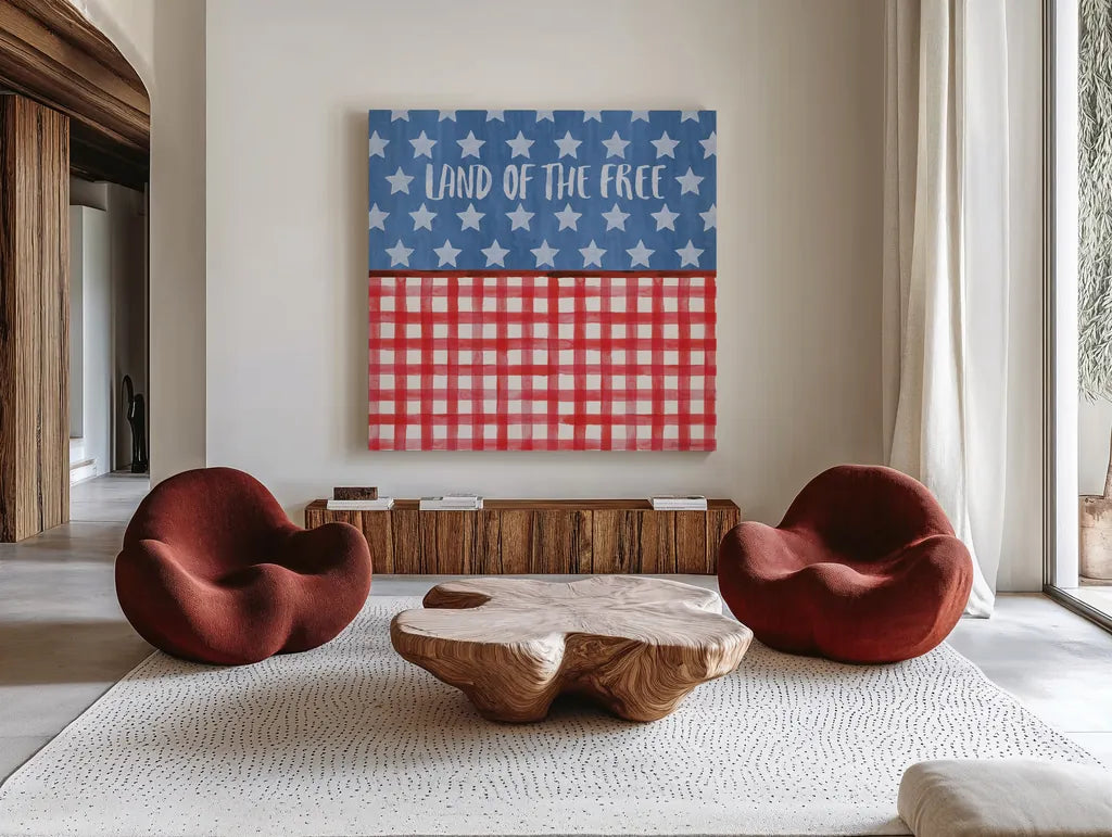 Americana Style VI by Beth Grove. Shown as extra-large giant wall art in a modern living room. Available as an archival giclee rolled canvas, fine art paper, or poster print. SKU 69485a.