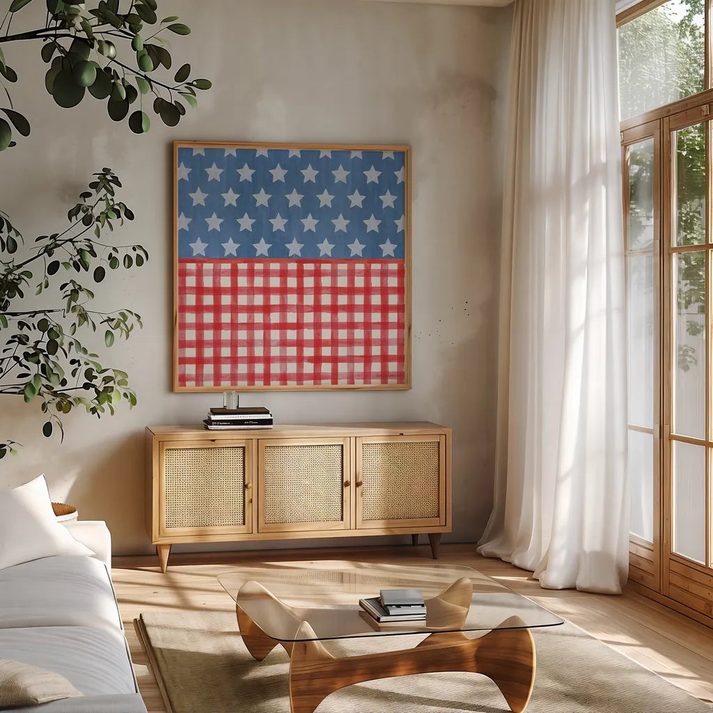 Americana Style VI No Words by Beth Grove. Shown in a natural wood frame in a cozy modern living room. Available as an archival giclee rolled canvas, fine art paper, or poster print. SKU 70413a.