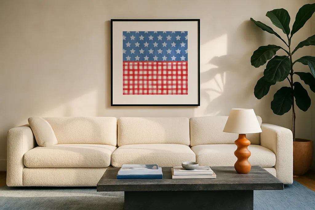 Americana Style VI No Words by Beth Grove. Displayed in a glass frame with matte in a clean modern living room. Available as an archival giclee rolled canvas, fine art paper, or poster print. SKU 70413a.
