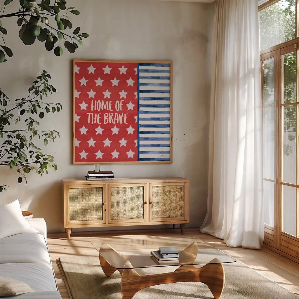 Americana Style VII by Beth Grove. Shown in a natural wood frame in a cozy modern living room. Available as an archival giclee rolled canvas, fine art paper, or poster print. SKU 69486a.