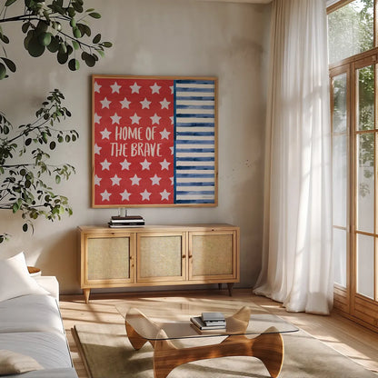 Americana Style VII by Beth Grove. Shown in a natural wood frame in a cozy modern living room. Available as an archival giclee rolled canvas, fine art paper, or poster print. SKU 69486a.
