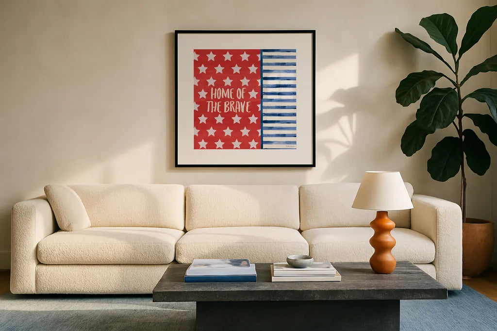 Americana Style VII by Beth Grove. Displayed in a glass frame with matte in a clean modern living room. Available as an archival giclee rolled canvas, fine art paper, or poster print. SKU 69486a.
