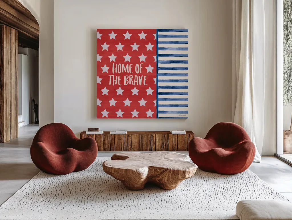 Americana Style VII by Beth Grove. Shown as extra-large giant wall art in a modern living room. Available as an archival giclee rolled canvas, fine art paper, or poster print. SKU 69486a.