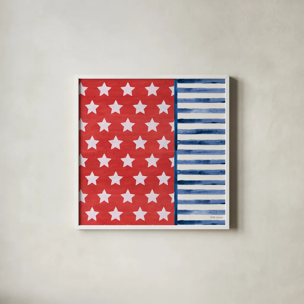 Americana Style VII No Words by Beth Grove. Shown in a crisp white glass frame for a clean and minimalist style. Available as an archival giclee rolled canvas, fine art paper, or poster print. SKU 70414a.