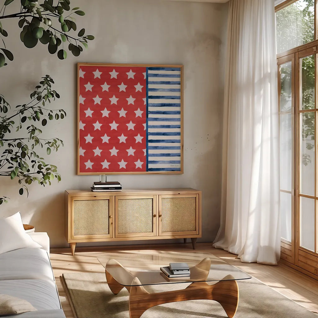 Americana Style VII No Words by Beth Grove. Shown in a natural wood frame in a cozy modern living room. Available as an archival giclee rolled canvas, fine art paper, or poster print. SKU 70414a.