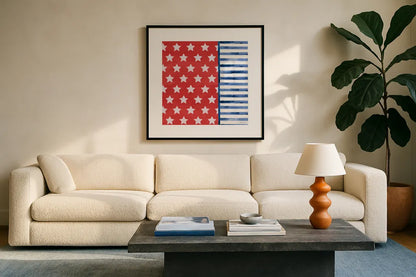 Americana Style VII No Words by Beth Grove. Displayed in a glass frame with matte in a clean modern living room. Available as an archival giclee rolled canvas, fine art paper, or poster print. SKU 70414a.