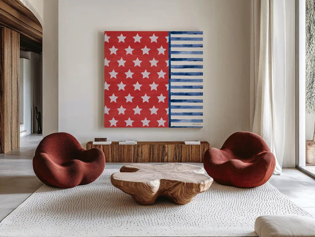 Americana Style VII No Words by Beth Grove. Shown as extra-large giant wall art in a modern living room. Available as an archival giclee rolled canvas, fine art paper, or poster print. SKU 70414a.