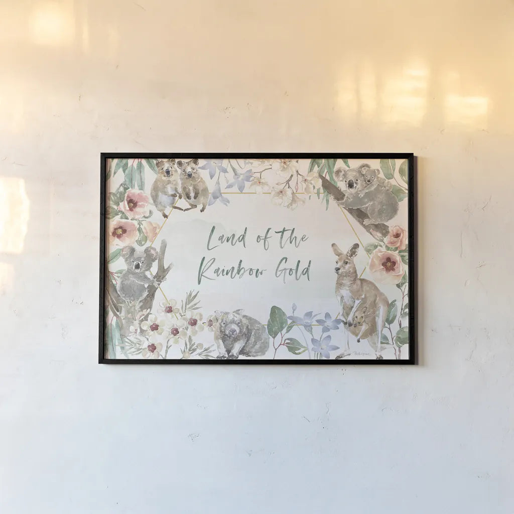 Aussie Love I by Beth Grove. shown as a paper print in a black flame. Available as a archival giclee rolled canvas, fine art paper, or poster print. SKU 62828i.