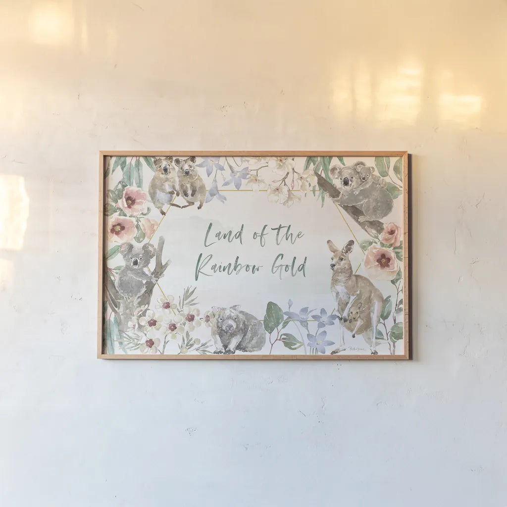 Aussie Love I by Beth Grove. shown as a paper print in a natural frame. Available as a archival giclee rolled canvas, fine art paper, or poster print. SKU 62828i.