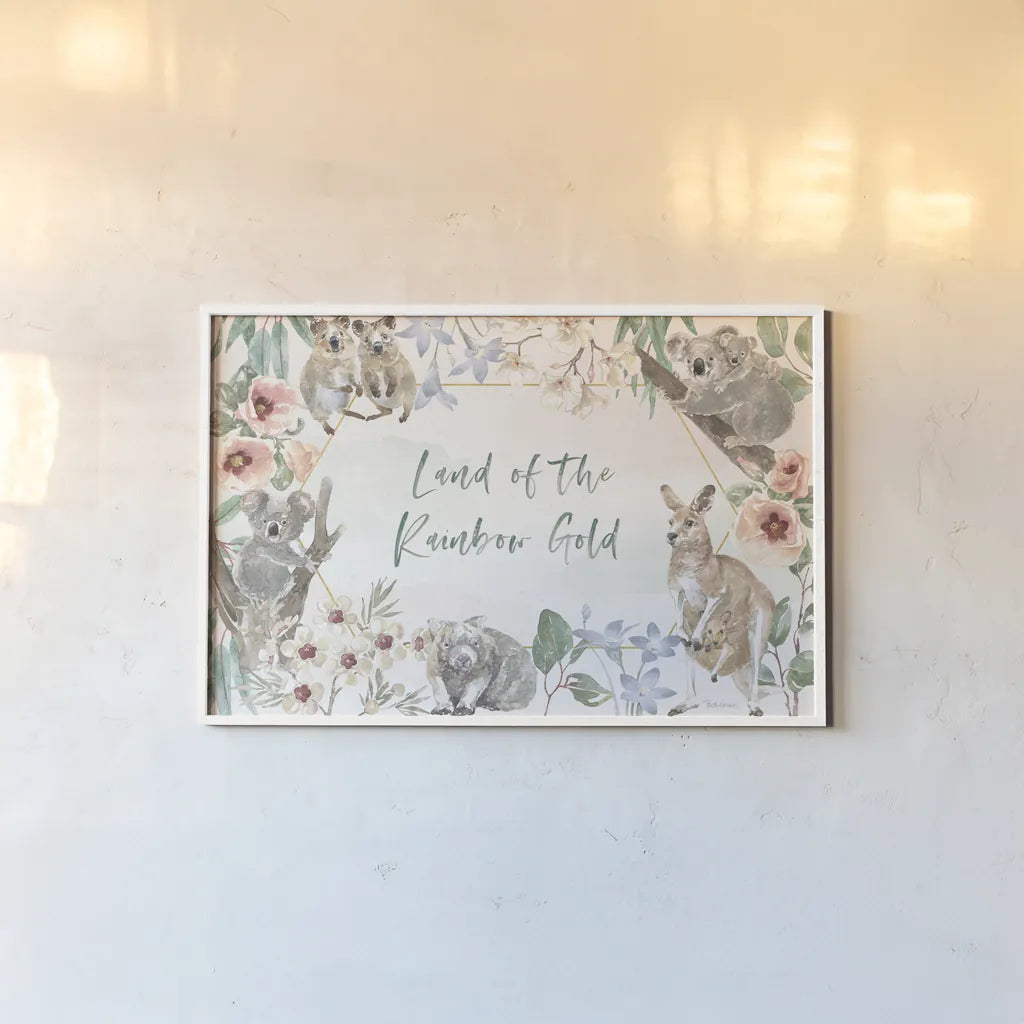 Aussie Love I by Beth Grove. shown as a paper print in a white frame. Available as a archival giclee rolled canvas, fine art paper, or poster print. SKU 62828i.