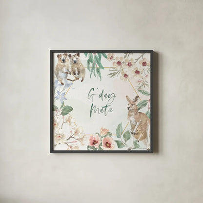 Aussie Love III by Beth Grove. Shown in a sleek black glass frame for a contemporary gallery look. Available as an archival giclee rolled canvas, fine art paper, or poster print. SKU 62830a.