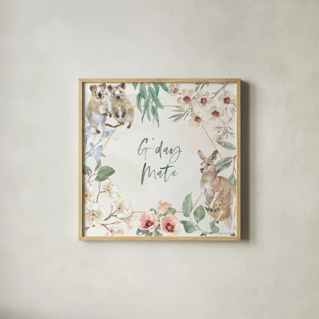 Aussie Love III by Beth Grove. Shown in a natural wood glass frame for a timeless modern aesthetic. Available as an archival giclee rolled canvas, fine art paper, or poster print. SKU 62830a.