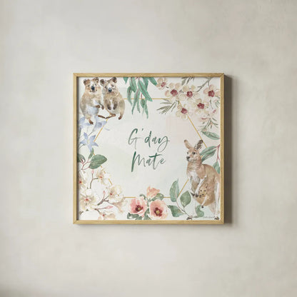 Aussie Love III by Beth Grove. Shown in a natural wood glass frame for a timeless modern aesthetic. Available as an archival giclee rolled canvas, fine art paper, or poster print. SKU 62830a.