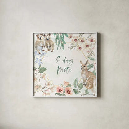 Aussie Love III by Beth Grove. Shown in a crisp white glass frame for a clean and minimalist style. Available as an archival giclee rolled canvas, fine art paper, or poster print. SKU 62830a.