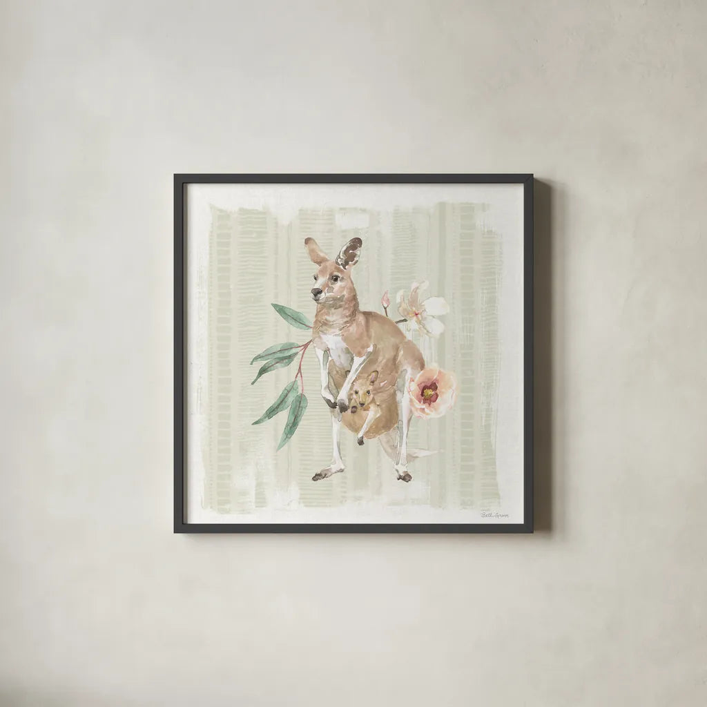 Aussie Love V by Beth Grove. Shown in a sleek black glass frame for a contemporary gallery look. Available as an archival giclee rolled canvas, fine art paper, or poster print. SKU 62832a.