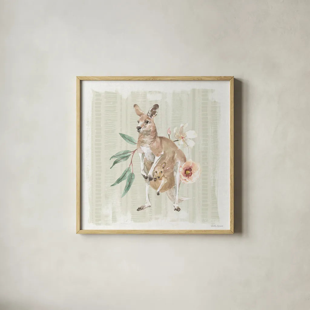 Aussie Love V by Beth Grove. Shown in a natural wood glass frame for a timeless modern aesthetic. Available as an archival giclee rolled canvas, fine art paper, or poster print. SKU 62832a.