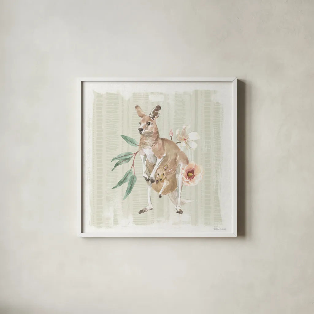 Aussie Love V by Beth Grove. Shown in a crisp white glass frame for a clean and minimalist style. Available as an archival giclee rolled canvas, fine art paper, or poster print. SKU 62832a.