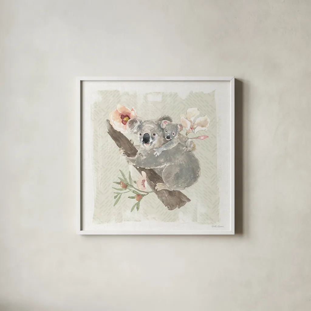 Aussie Love VII by Beth Grove. Shown in a crisp white glass frame for a clean and minimalist style. Available as an archival giclee rolled canvas, fine art paper, or poster print. SKU 62834a.
